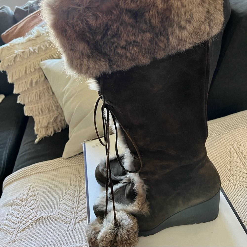 COACH Beige Karita Rabbit Fur & Suede Boots Sz 9, Leather Lined, - Picture 6 of 14